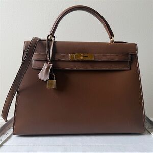 Hermès Kelly 32 Sellier in Gold Evergrain Leather with Gold Hardware (1998)